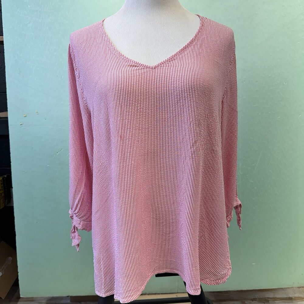 H&M Pink White Striped 3/4 Sleeve V-Neck Women's Blouse US 12